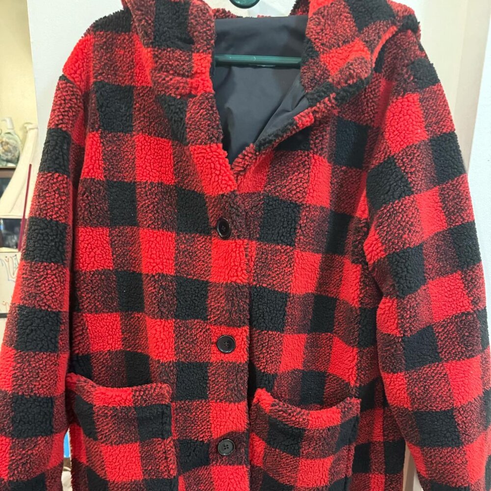 Women's Red and Black Checked Teddy Coat – Size XL